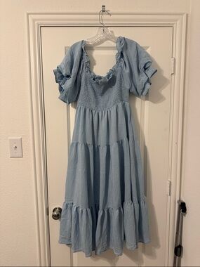 eesome Light Blue Tiered Smocked Midi Dress with Puff Sleeves